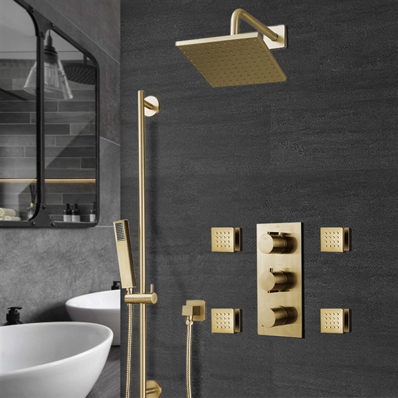 Gold Tone Bathroom Sink and Shower Fixtures